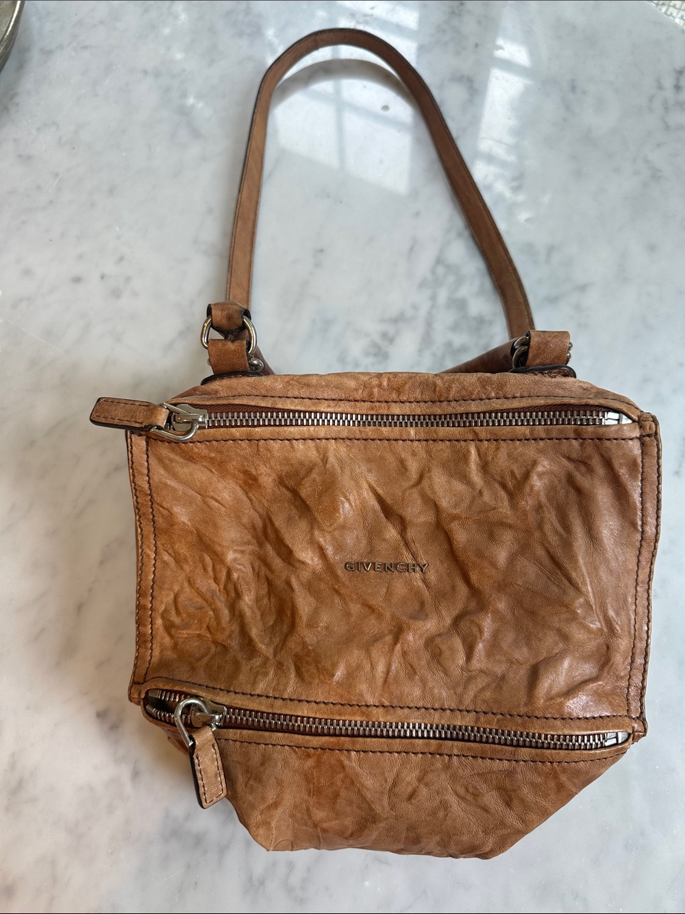 Givenchy Pandora Small Cognac Distressed Leather Shoulder Bag with Dual Zippers
